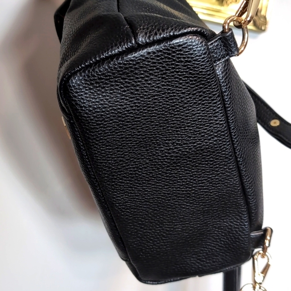 Packs Project Small Faux Black Pebbled Leather Backpack with Gold Accents. - Picture 10 of 16
